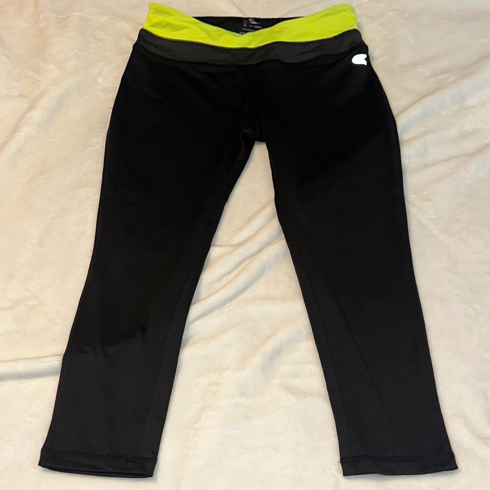 Colosseum Black Capri Leggings with Neon Yellow Waistband